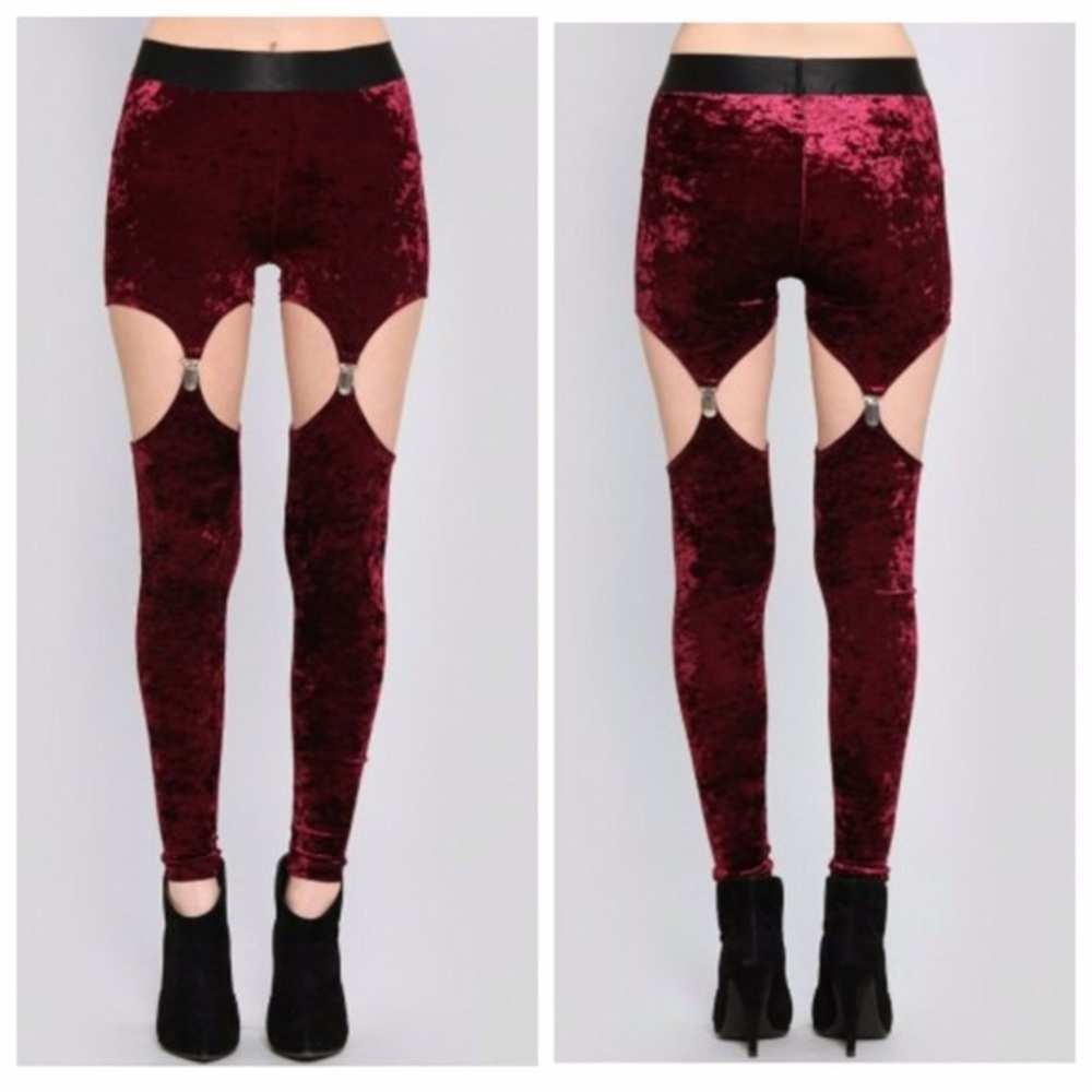 Crushed Velvet Maroon Garter Leggings By WIDOW (S)